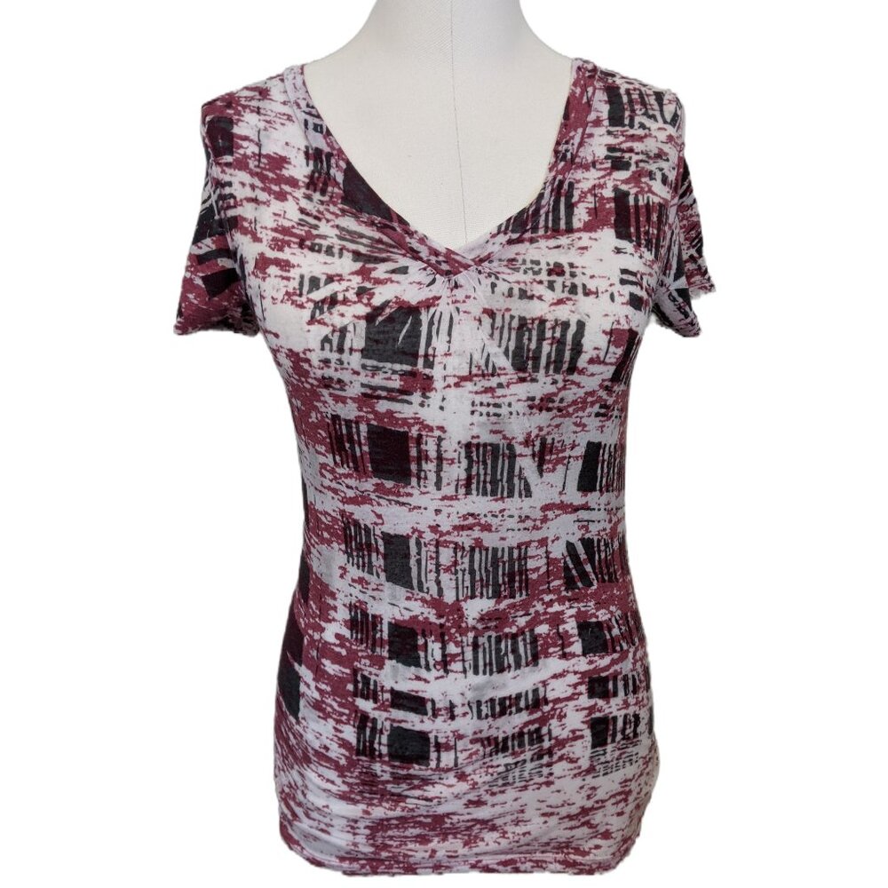 Vintage Y2K Kismet Sheer Mesh T-Shirt White Abstract Tee Burgundy V-Neck Top S